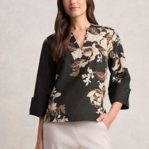 Relaxed Printed Blouse - Black Foliage Print