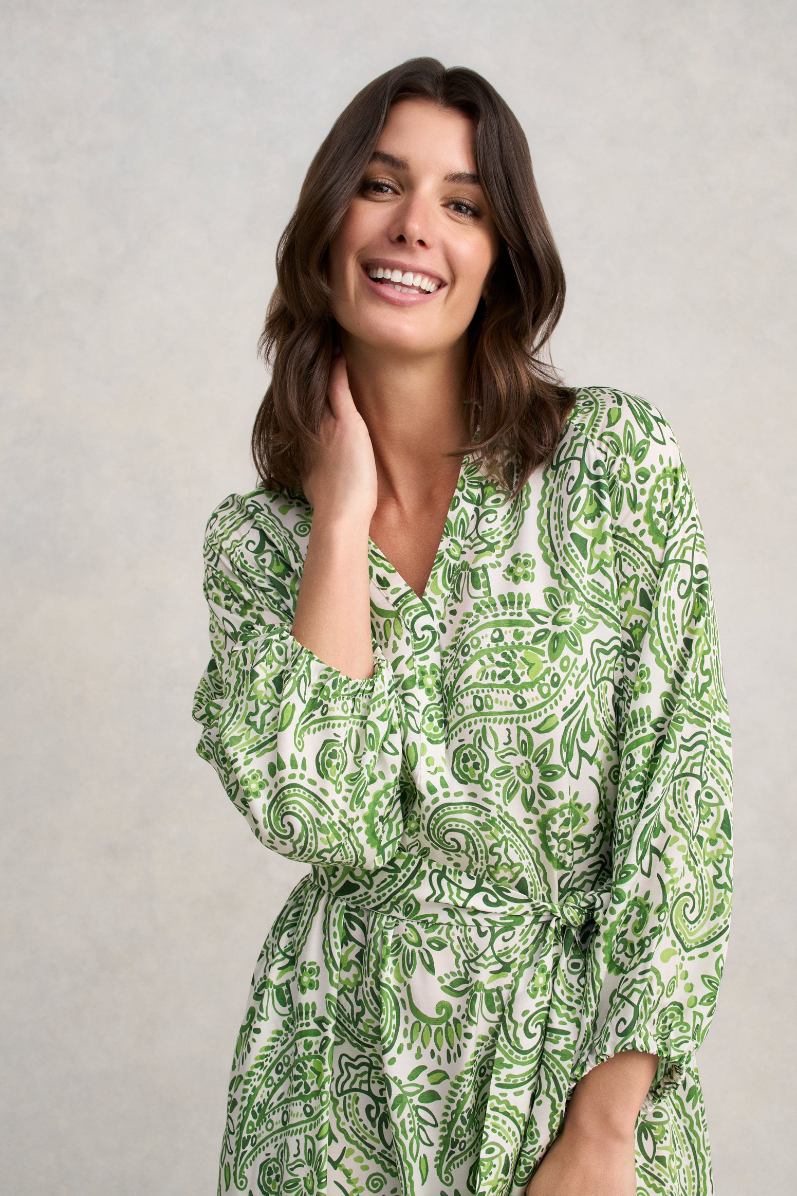 Blouson Sleeve Shift Dress - Green Paisley Print