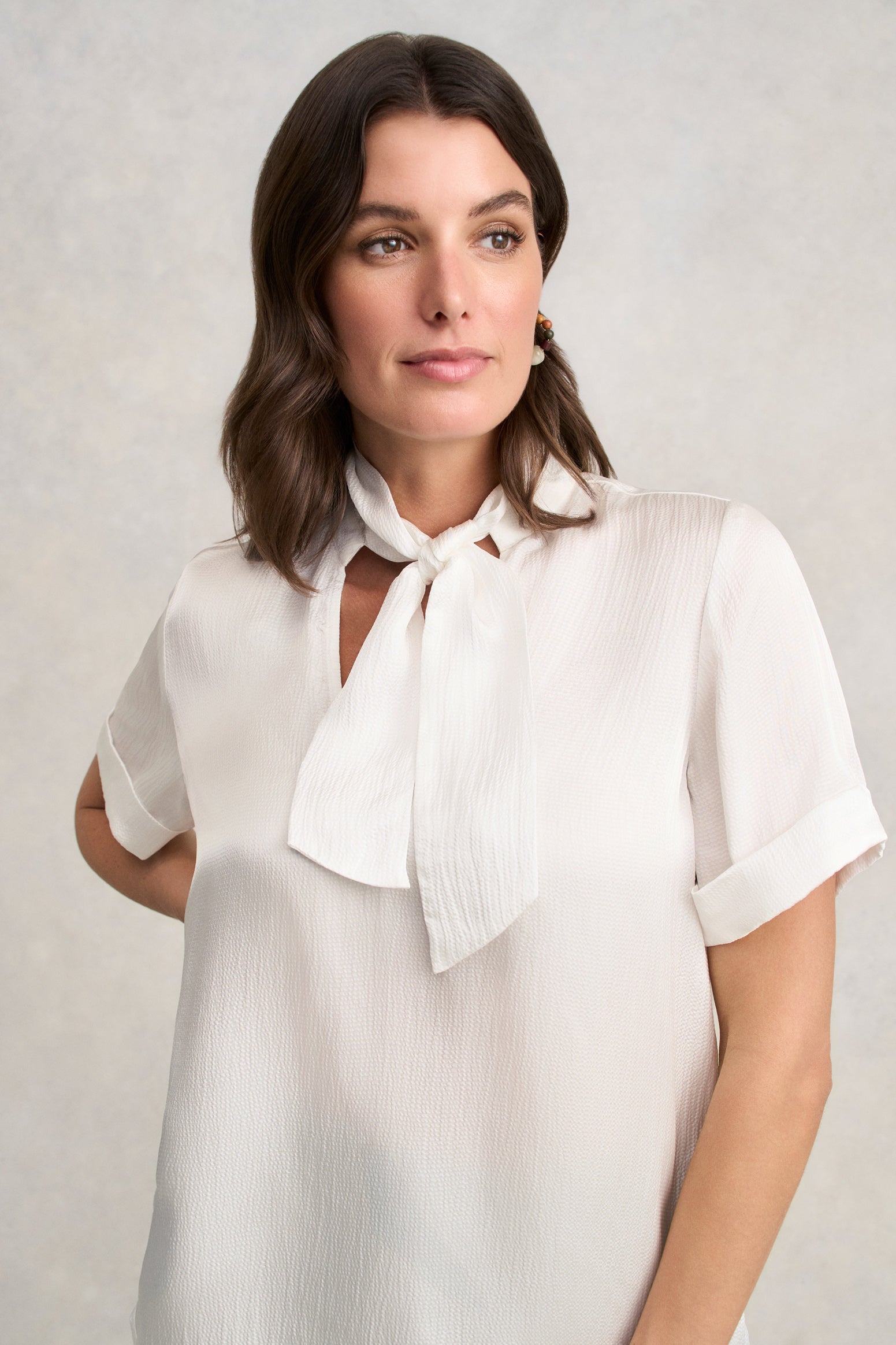 Textured Neck Tie Blouse - White