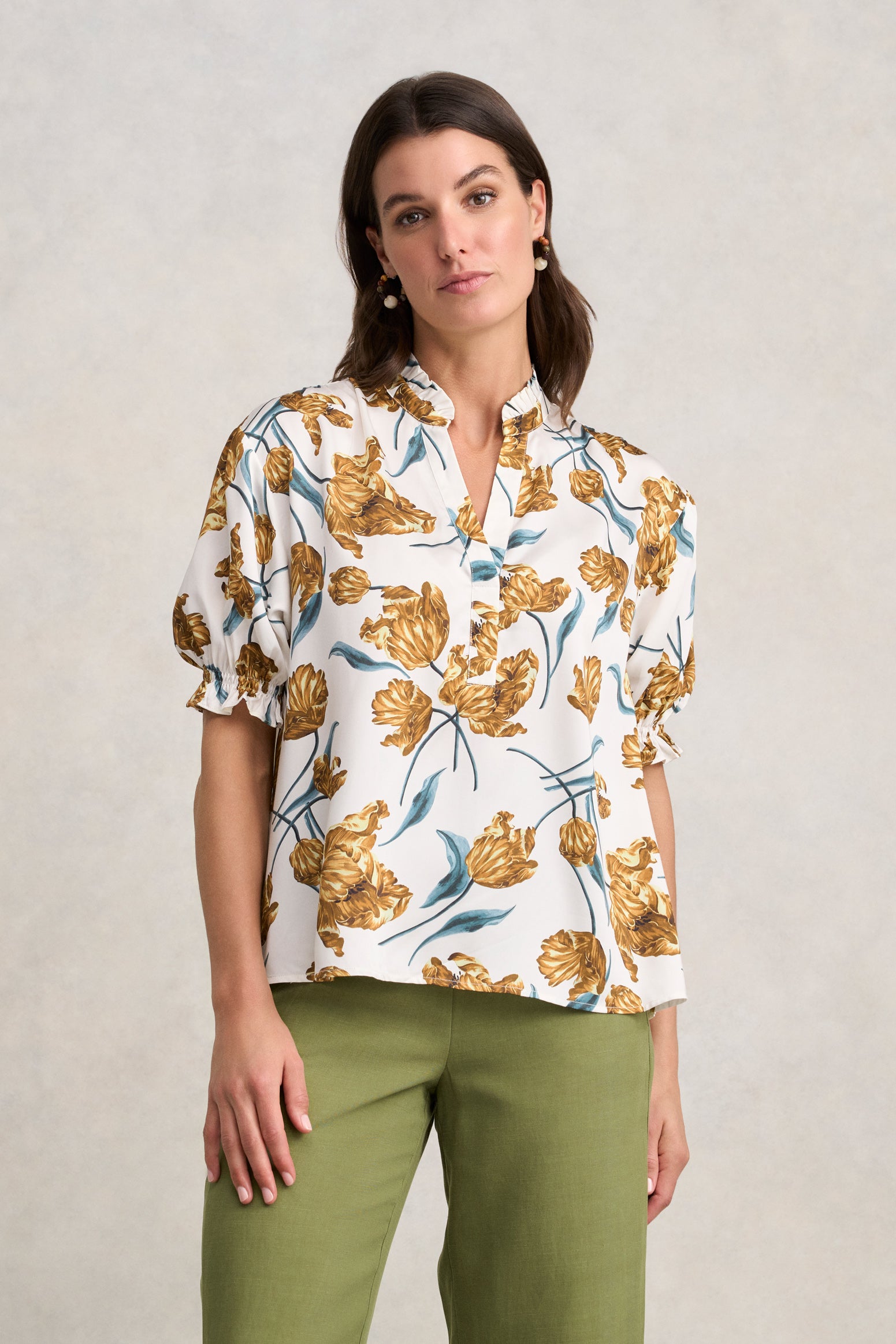 Puff Sleeve Printed Blouse - Floating Stem Print