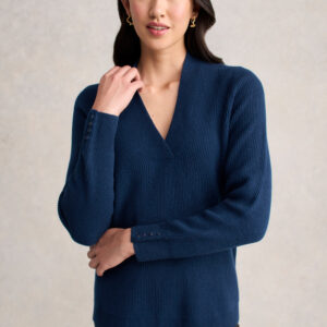Ribbed V-Neck Wool Jumper - Midnight Blue